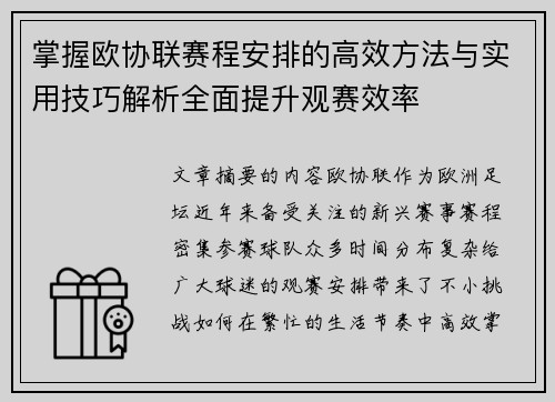 掌握欧协联赛程安排的高效方法与实用技巧解析全面提升观赛效率